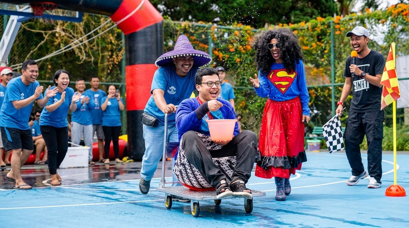 Sesi kebersamaan peserta gathering kantor di kawasan Caringin dan Pancawati
